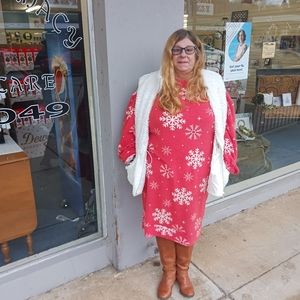 Fleece snowflake dress, and Whitehurst vest